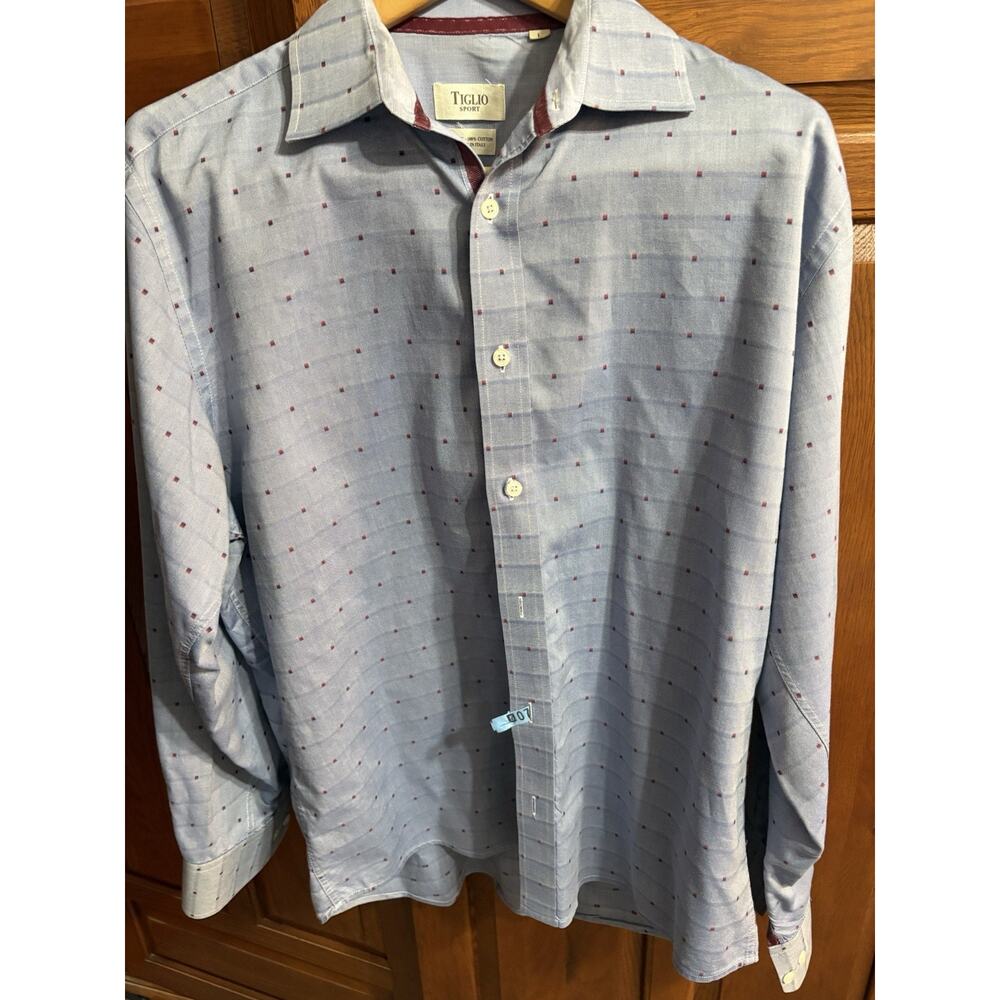 Tiglio 100%‎ Cotton Sport Italy Men's Button Up Size L Large Denim Blue 16” Neck